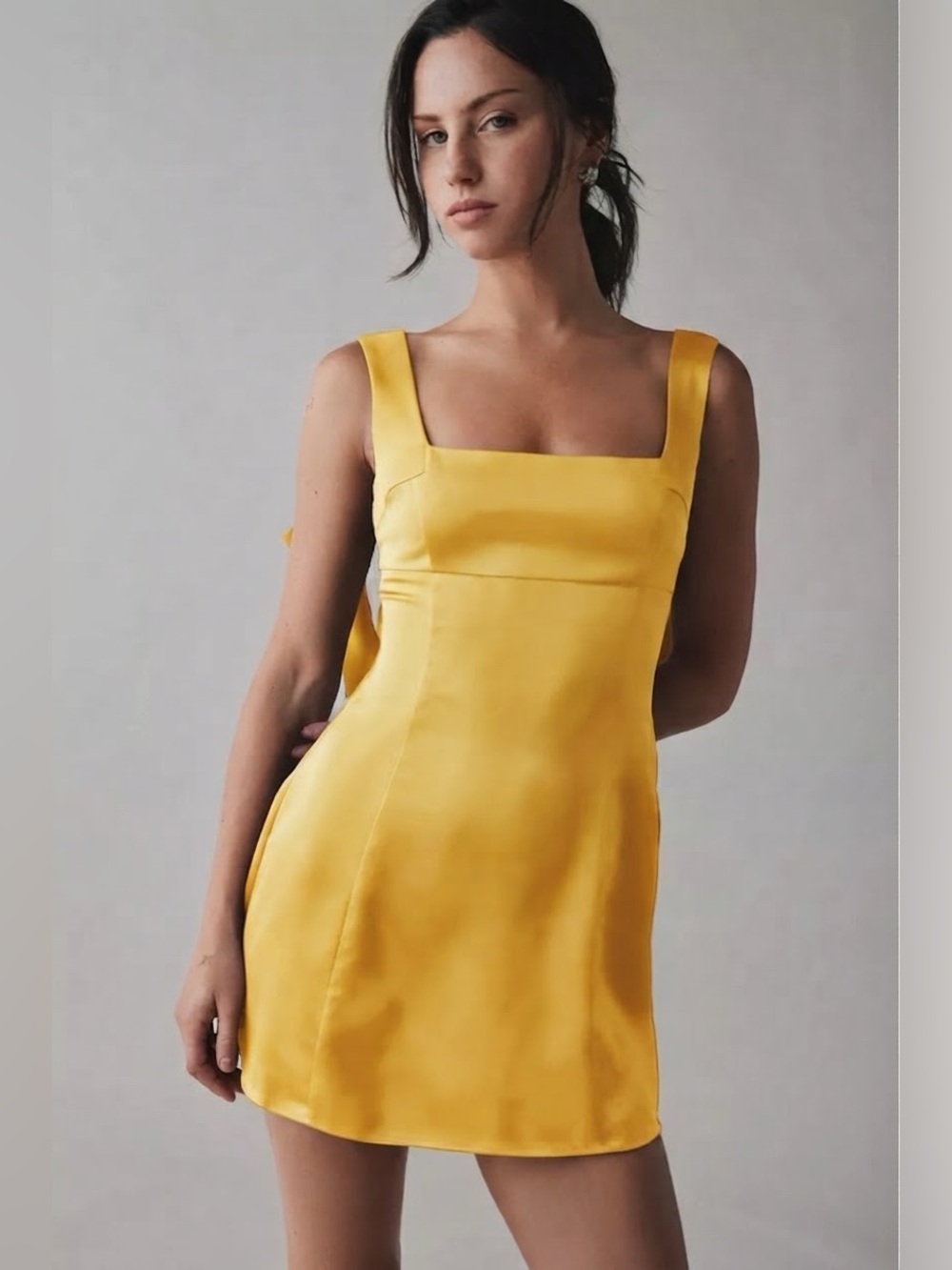 Urban Outfitters | Bri Double Bow Satin Mini Dress Canary Yellow Holiday New XL